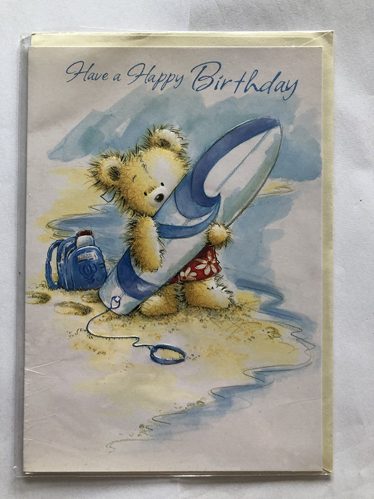 Open Male Happy Birthday Card Cute Bear Surfboard Rucksack Beach