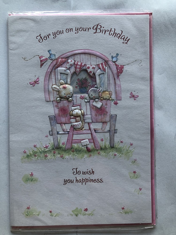 Open Female Happy Birthday Card Cute Bears in Our Carriage Bunting Birds
