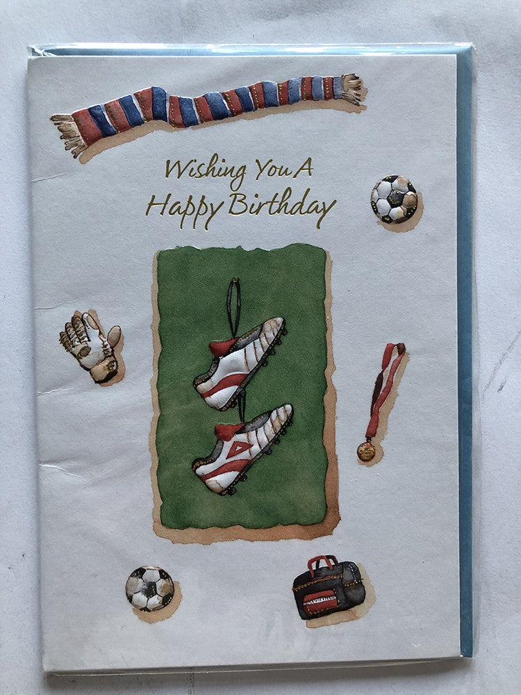Open Male Happy Birthday Card Football Boots Medal Ball Gloves Bag Scarf