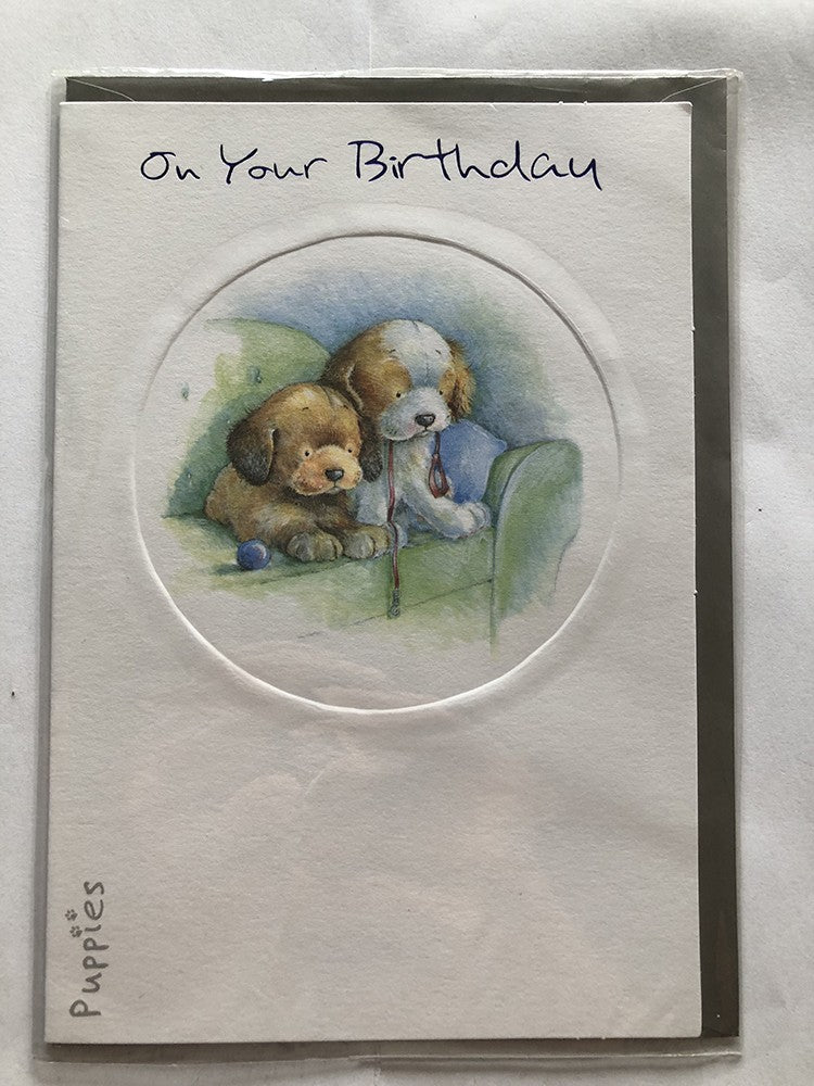 Open Male Happy Birthday Card Cute Puppies Dog Lead Ball On A Sofa