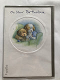 Open Male Happy Birthday Card Cute Puppies Dog Lead Ball On A Sofa