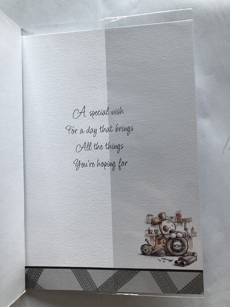 Open Male Happy Birthday Card Cute Bear Repairing Tyre Exhaust Garage Spanner