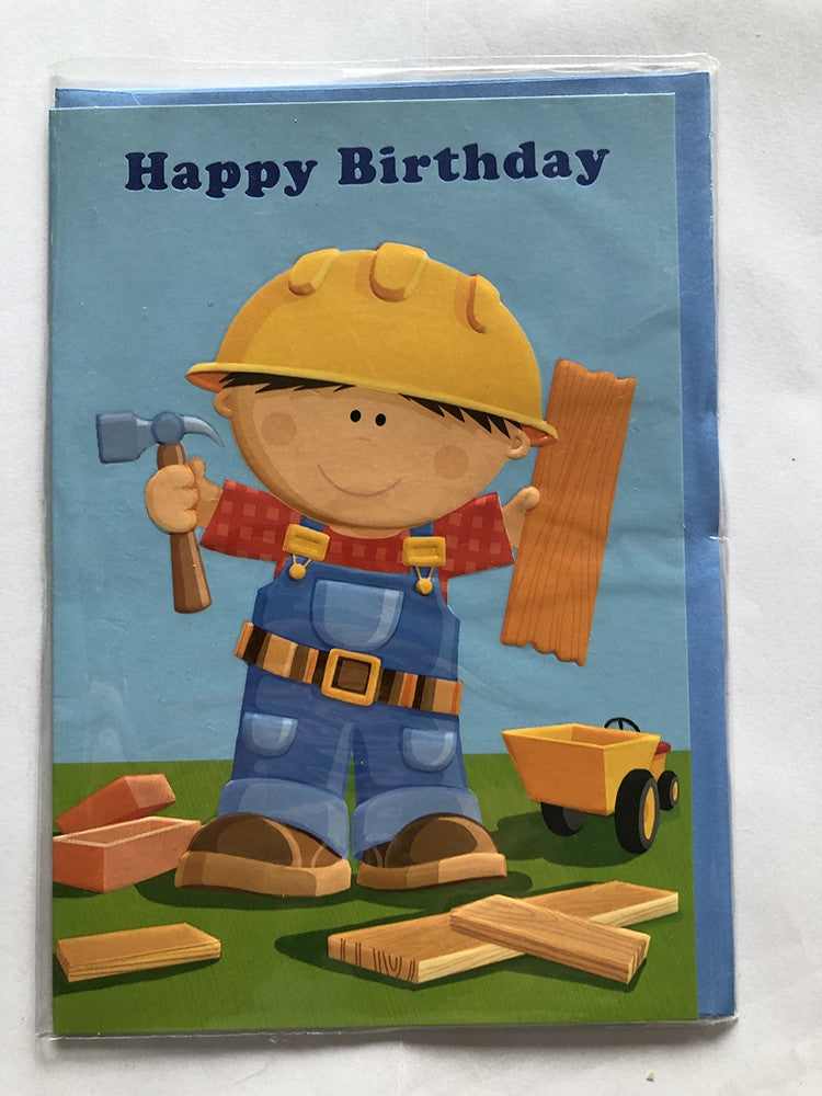 Open Male Happy Birthday Card Boy Hard Hat Hammer Wood Bricks Dumper Truck