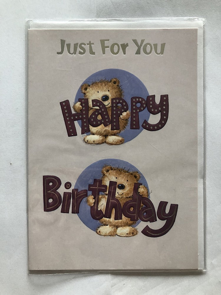 Open Male Happy Birthday Card Cute Bear Holding Signs Just For You