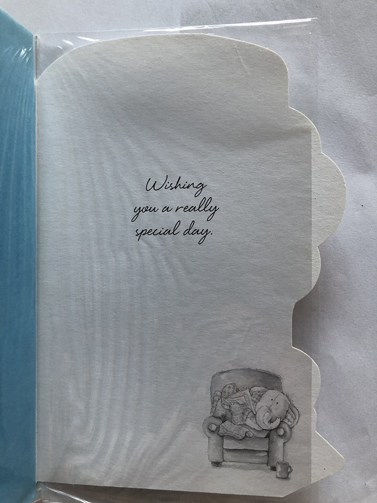 Open Male Happy Birthday Card Cute Elephant Reading On A Arm Chair
