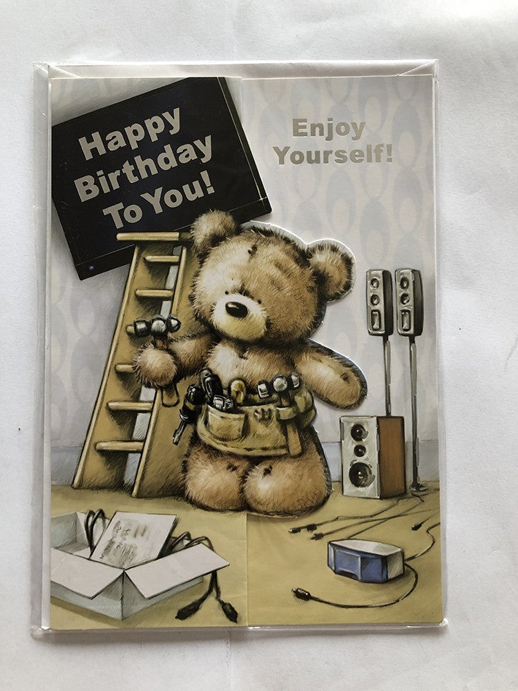 Open Male Happy Birthday Card Cute Bear DIY Toolbelt Laddder Speakers