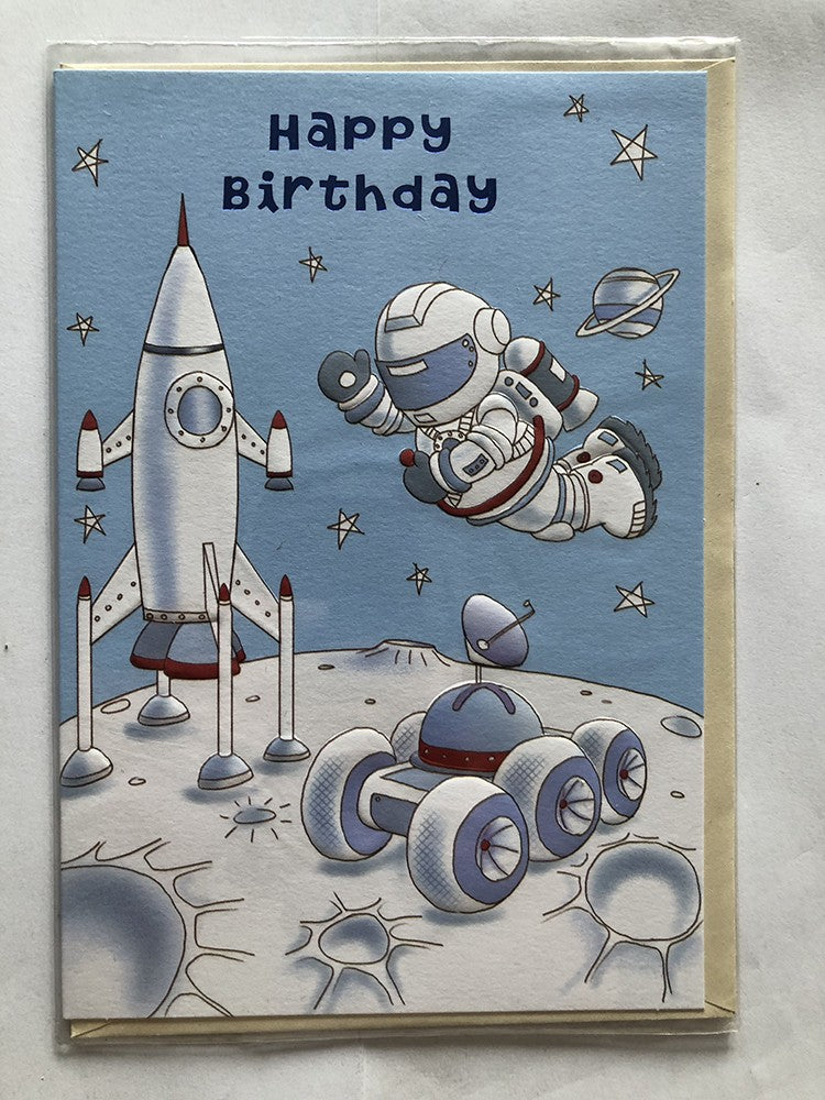 Open Male Happy Birthday Card Spaceman Rocket Moon Buggy Stars