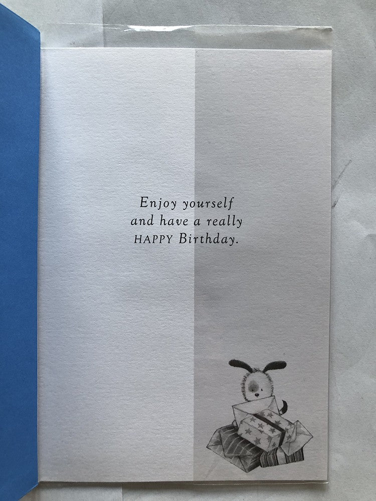 Open Male Happy Birthday Card Cute Dog Presents Sitting On Chair TV Remote