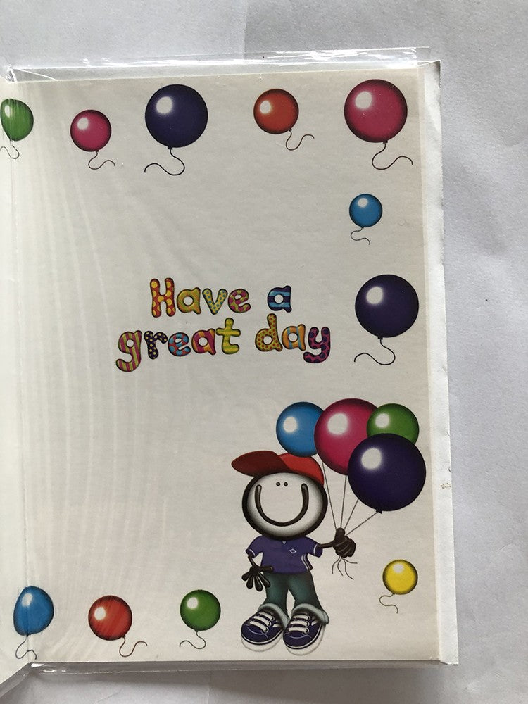 Open Male Happy Birthday Card Boy In A Cap Holding Coloured Balloons