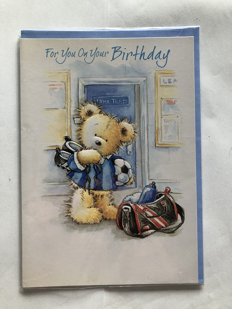 Open Male Happy Birthday Card  Cute Bear Football Boots Bag Home Team