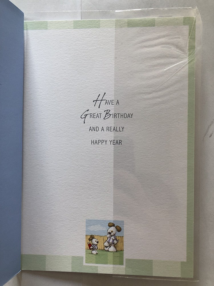 Open Male Happy Birthday Card Cute Dog Dad & Son Football Present Trophies