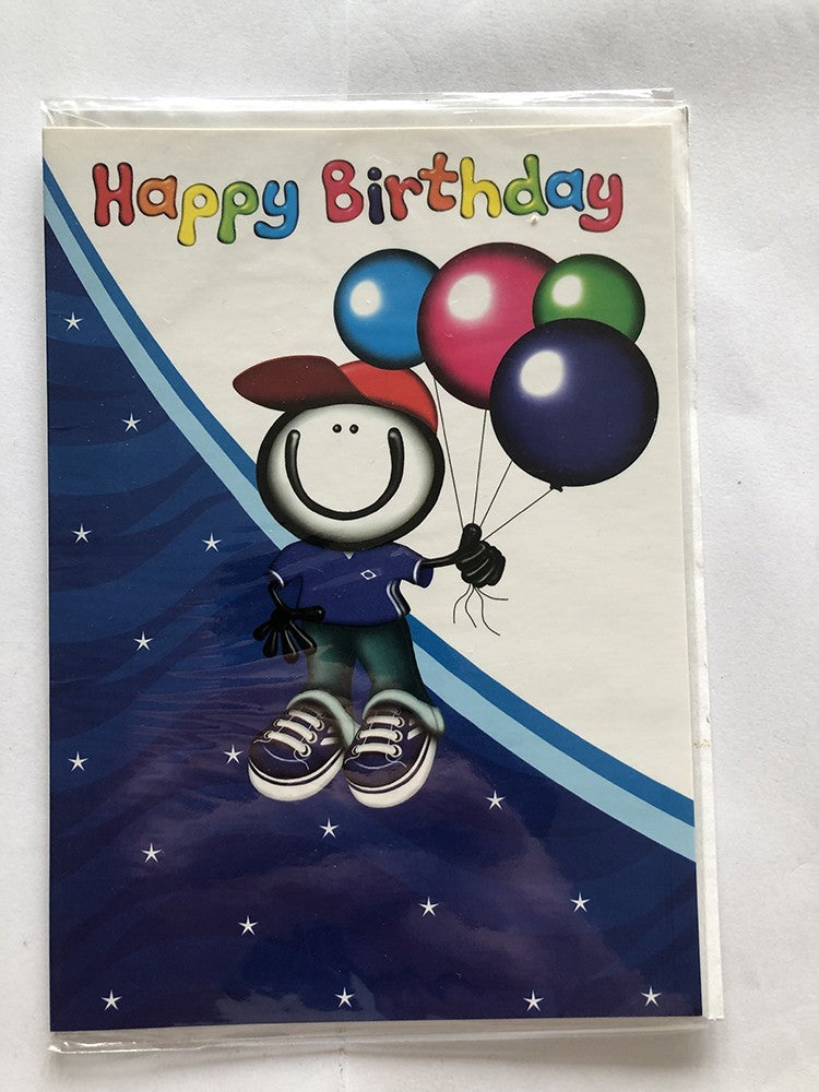 Open Male Happy Birthday Card Boy In A Cap Holding Coloured Balloons
