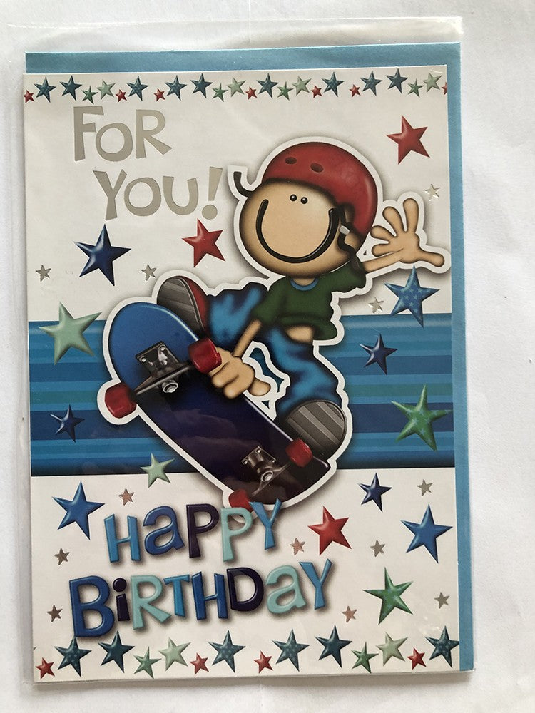 Open Male Happy Birthday Card Boy Skateboarding Stars For You