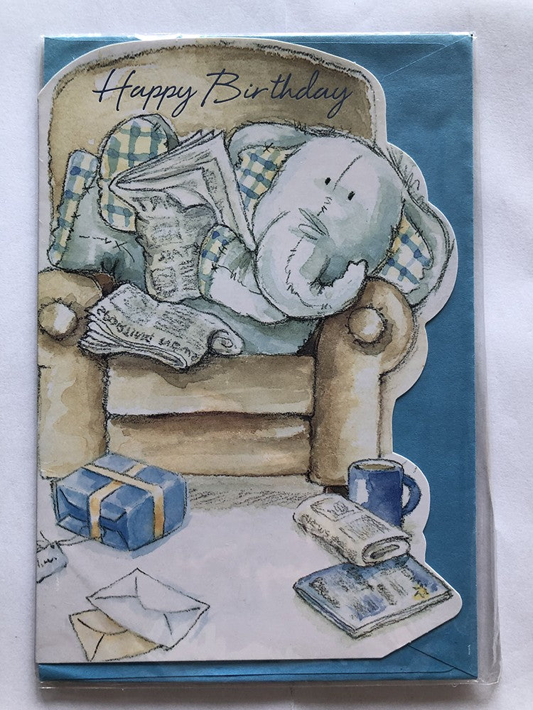 Open Male Happy Birthday Card Cute Elephant Reading On A Arm Chair