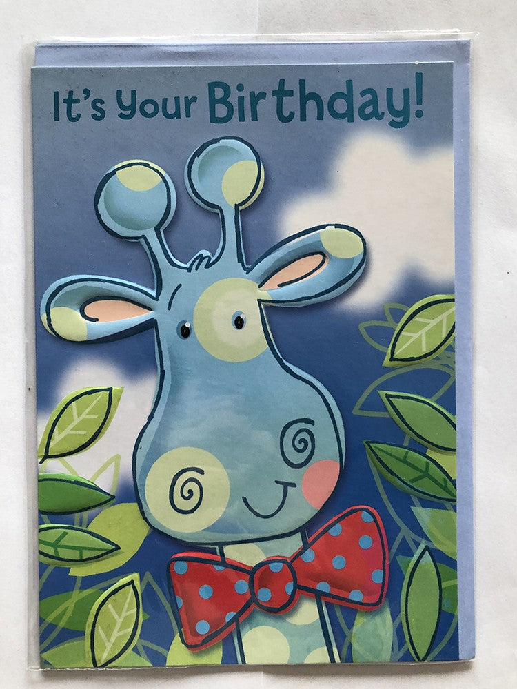 Open Male Happy Birthday Card Blue Giraffe Bright Red Bowtie Juvenile