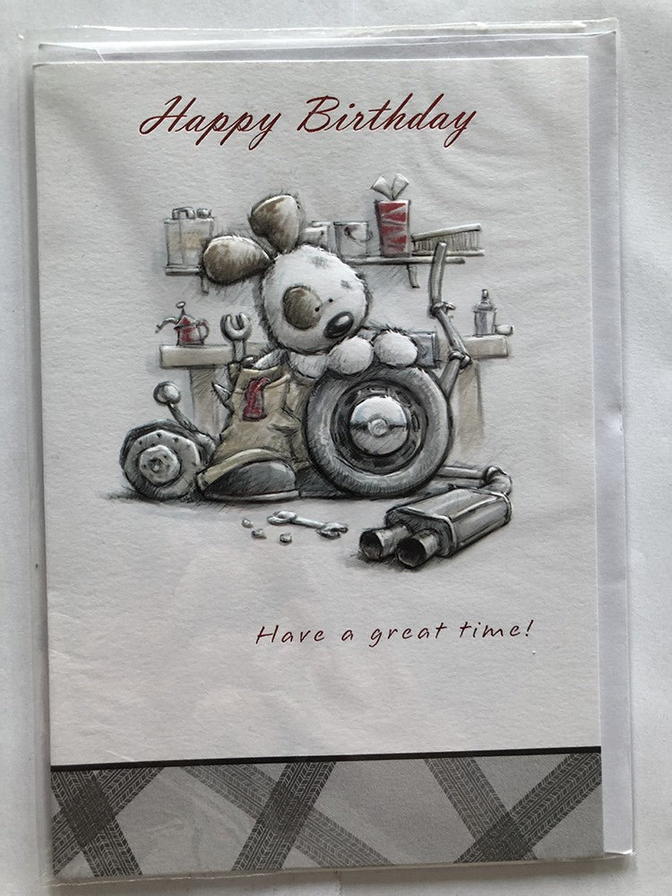 Open Male Happy Birthday Card Cute Bear Repairing Tyre Exhaust Garage Spanner