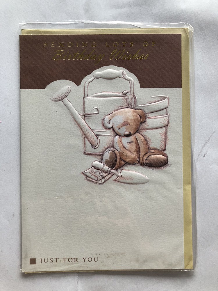 Open Male Happy Birthday Card Cute Bear Watering Can Potting Pots Trowel Seeds