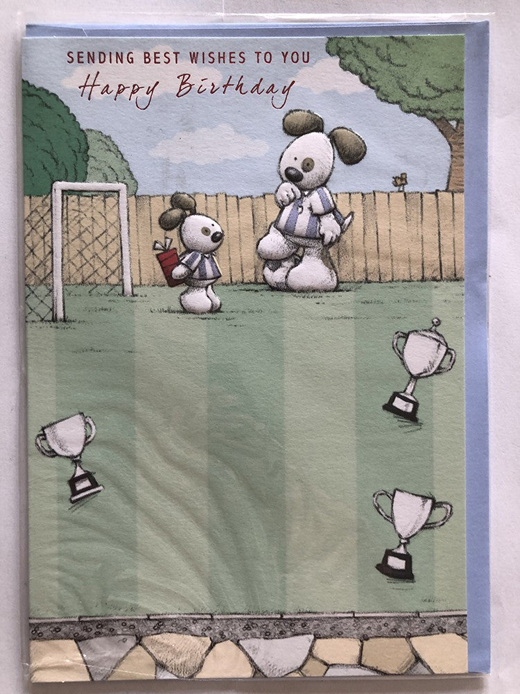 Open Male Happy Birthday Card Cute Dog Dad & Son Football Present Trophies
